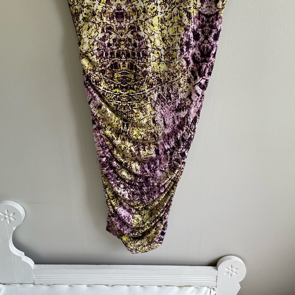 PURPLE YELLOW SLEEVELESS DRESS RUCHING ZIPPER STRETCH LINED ROUND NECK - Picture 11 of 13